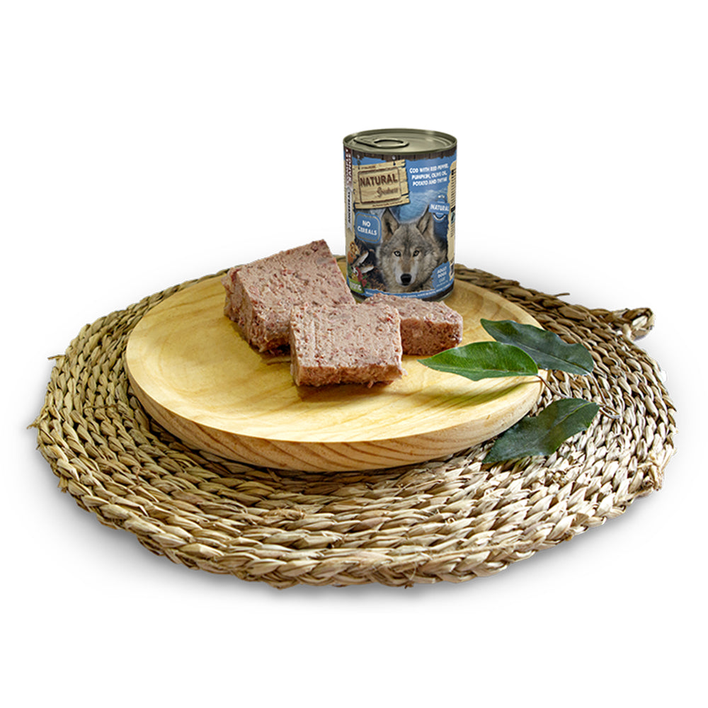 Cod Peppers Pumpkin Olive Oil Potato & Thyme Recipe Hypoallergenic Complete Wet Dog Food Natural Greatness - 6x 390g