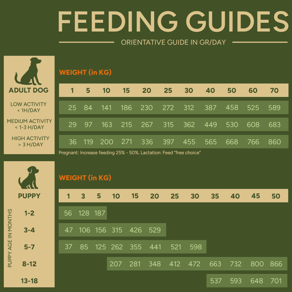 Feeding guide for Natural Woodland 4 Tastes Diet Dog Food 2kg