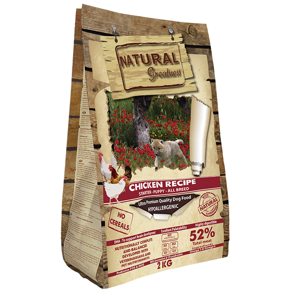 2kg hypoallergenic puppy dog food bag – Natural Greatness Chicken Recipe packaging