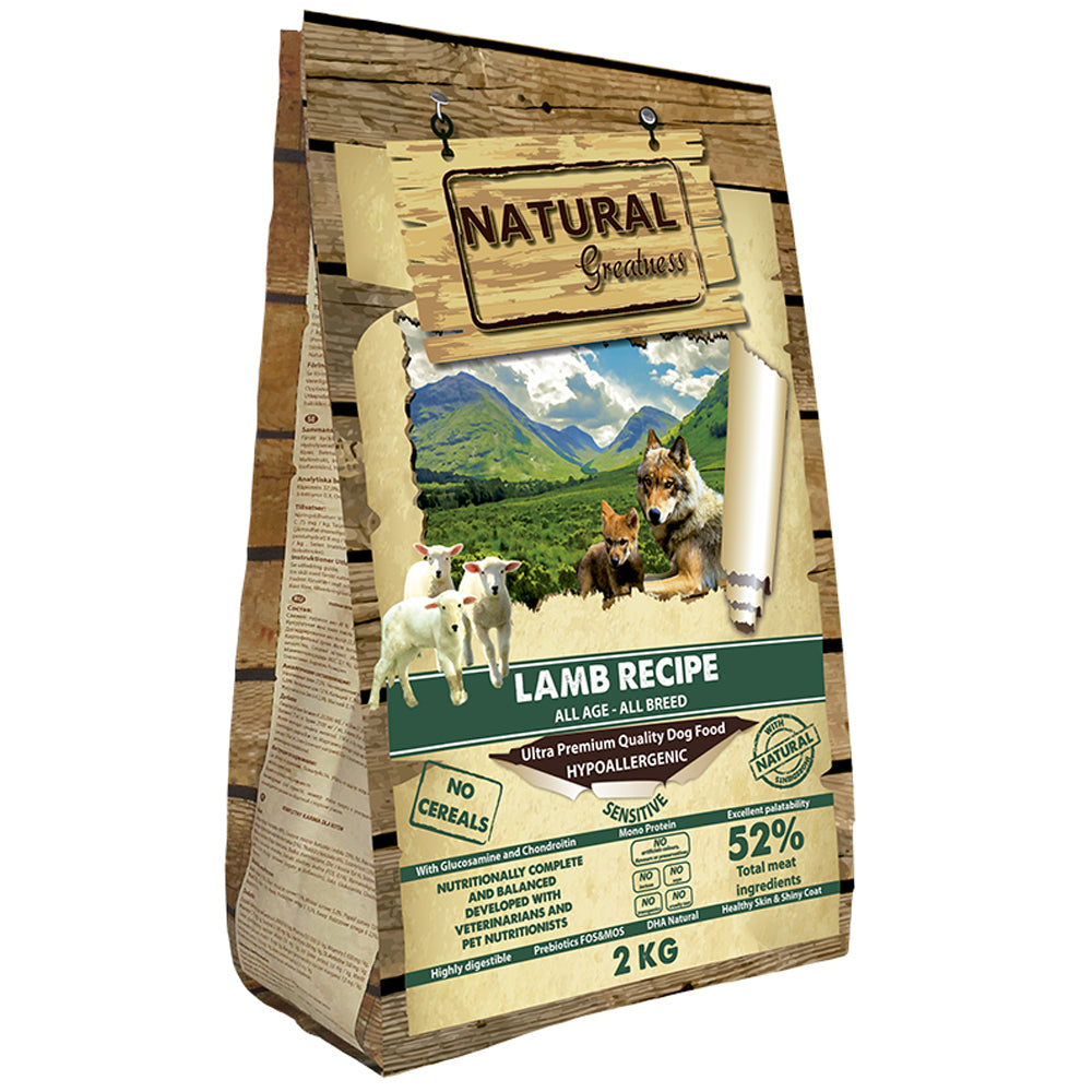 Natural Greatness Lamb Recipe 2kg dog food packaging front design