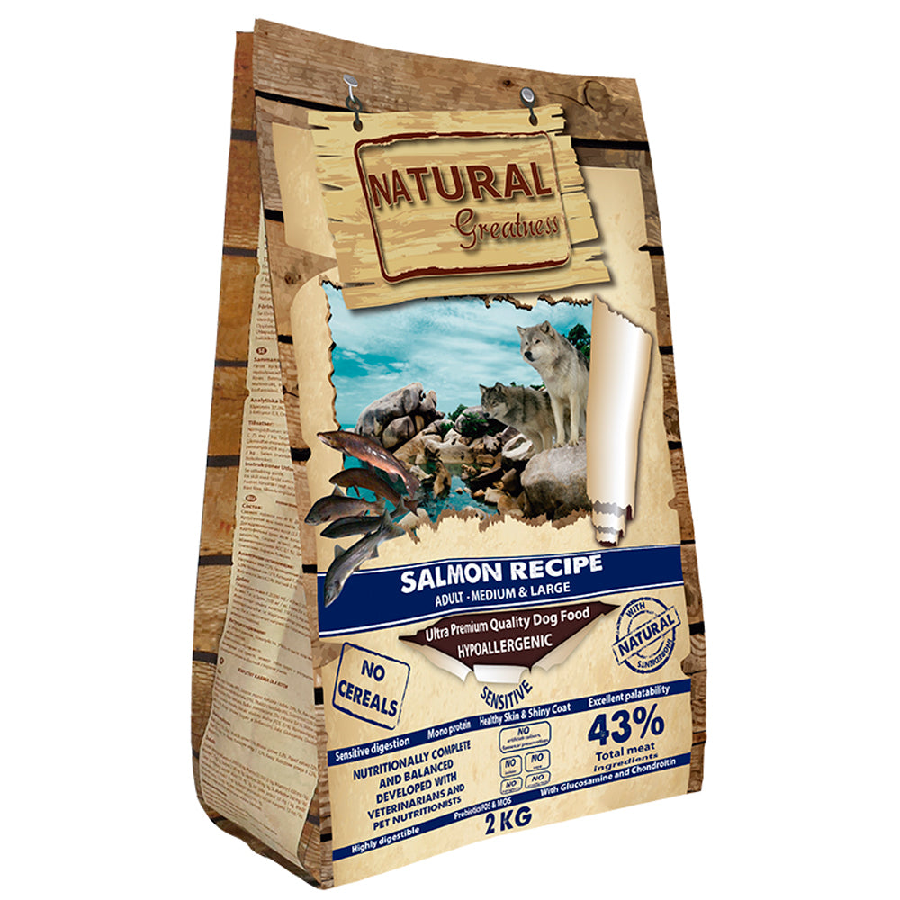 2kg Natural Greatness Salmon Recipe dog food pack front view