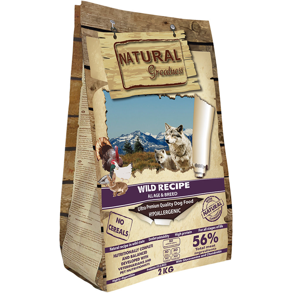 2kg bag of Natural Greatness Wild Recipe dog food with visible front packaging